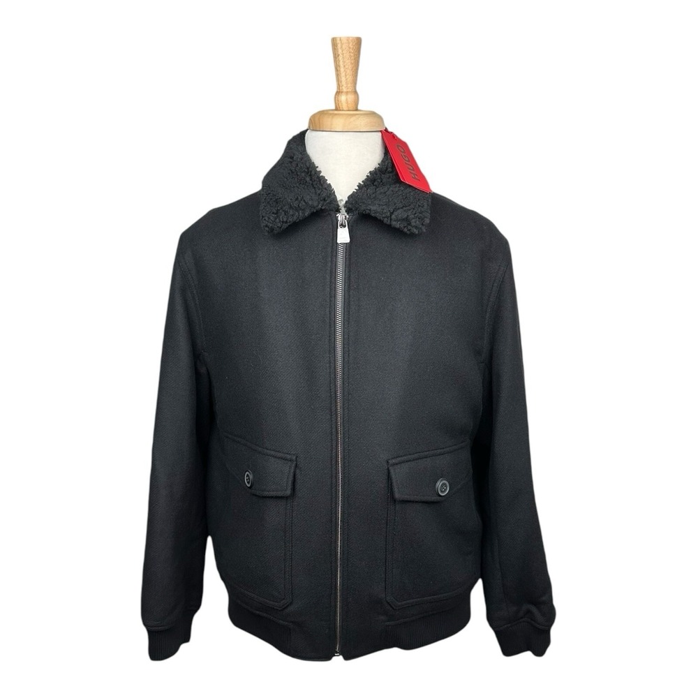 Hugo Boss Bavi Black Wool Shearling Collar Quilted Full Zip Bomber Jacket M NWT